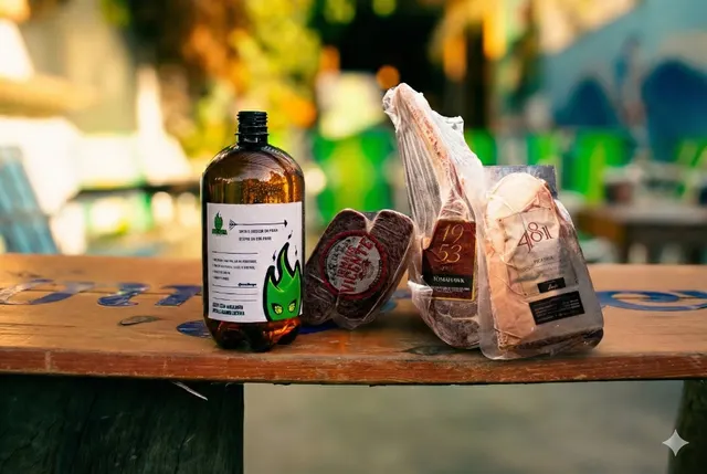 Growler de chope Soul Hops ao lado de linguiça, tomahawk e picanha embalados